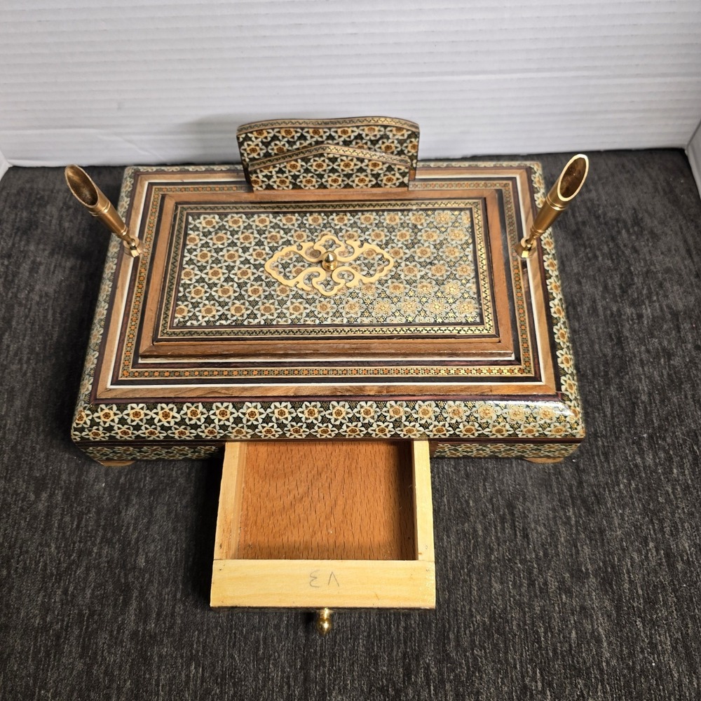 Handcrafted Inlay Desk Organizer Persian Khatam Marquetry Pen Card Holder Box - Picture 3 of 9